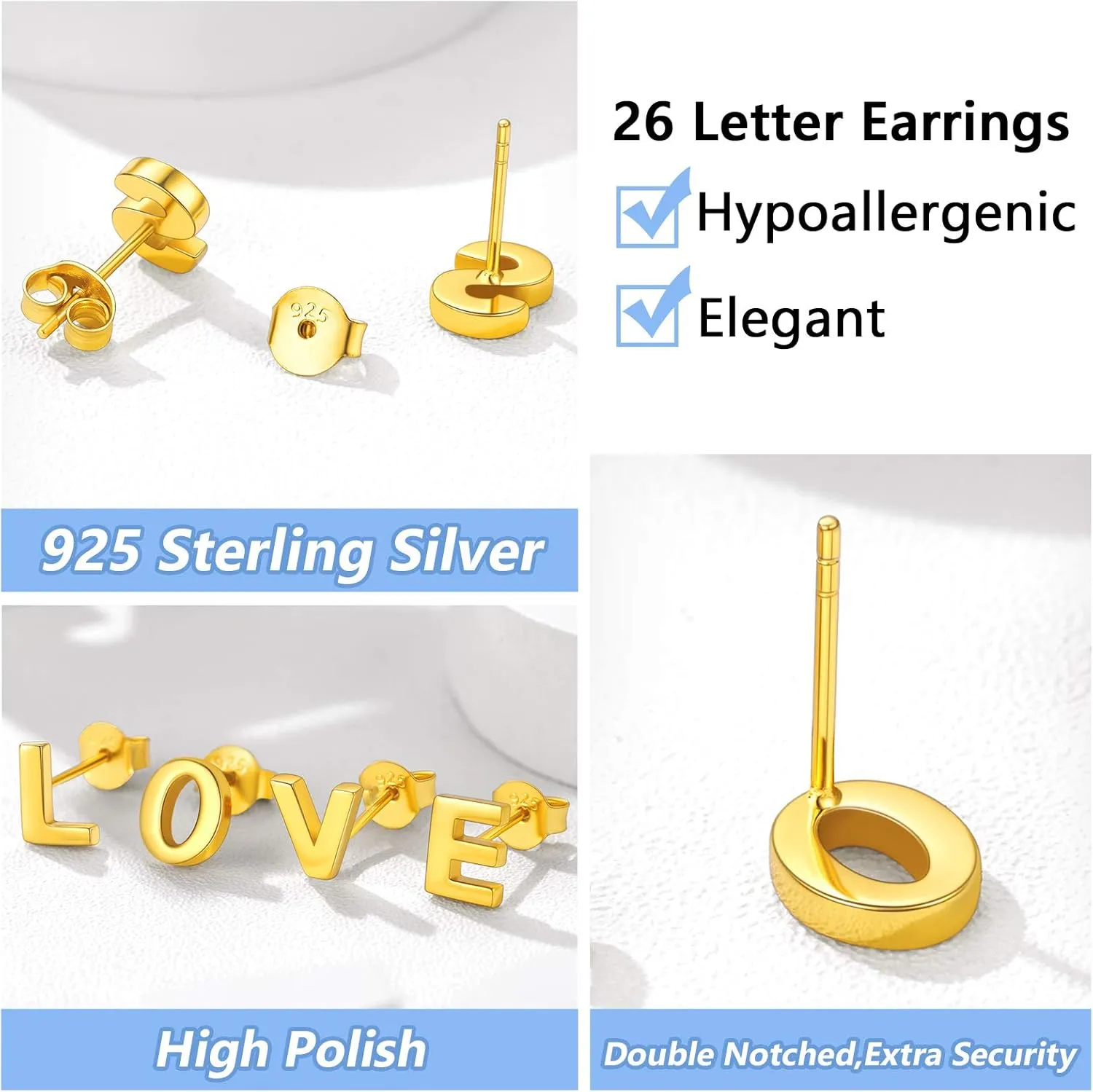 Silvora 925 Sterling Silver Initial Earrings Stud, Simple Gold Letter A-Z Studs for Women Hypoallergenic,with Gift Box