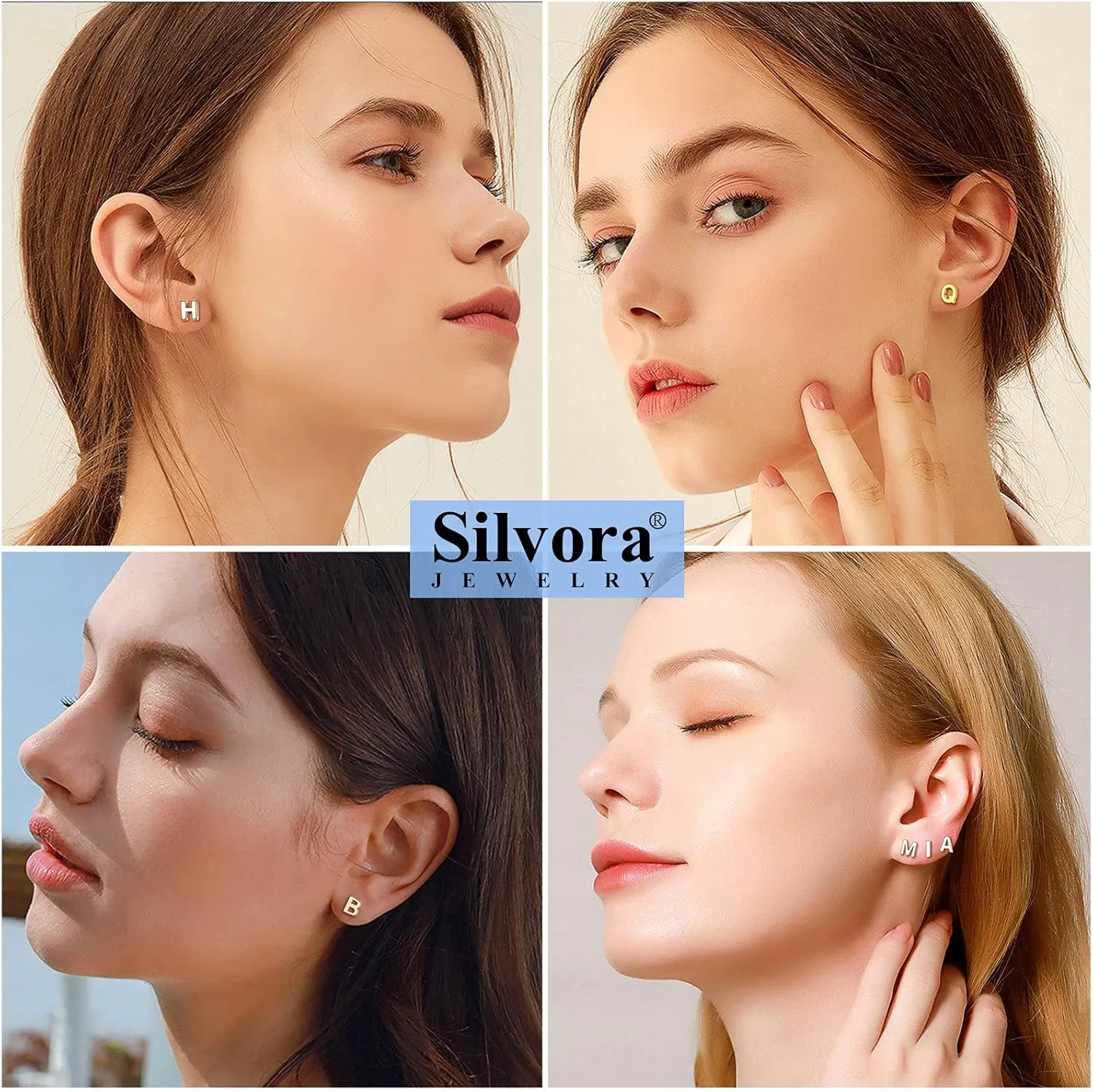 Silvora 925 Sterling Silver Stud Earrings Simple Initial Letter A-Z Studs for Women Hypoallergenic,with Gift Box