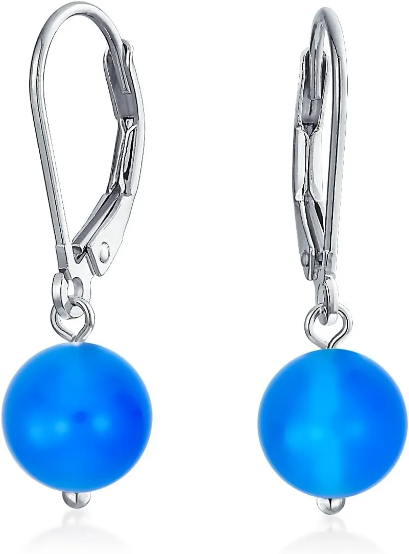 Simple Basic Gemstone Round 8MM Bead Ball Drop Dangle Earrings For Women Teen Secure Hinge Lever back .925 Sterling Silver Birthstones More Colors