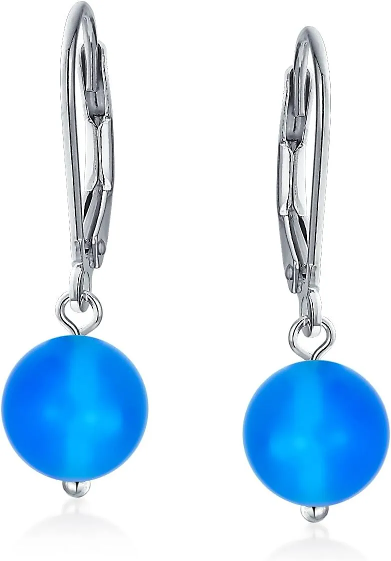 Simple Basic Gemstone Round 8MM Bead Ball Drop Dangle Earrings For Women Teen Secure Hinge Lever back .925 Sterling Silver Birthstones More Colors