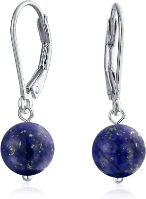 Simple Basic Gemstone Round 8MM Bead Ball Drop Dangle Earrings For Women Teen Secure Hinge Lever back .925 Sterling Silver Birthstones More Colors