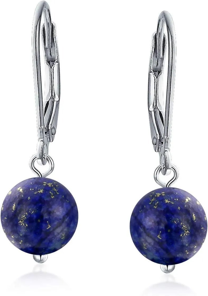 Simple Basic Gemstone Round 8MM Bead Ball Drop Dangle Earrings For Women Teen Secure Hinge Lever back .925 Sterling Silver Birthstones More Colors