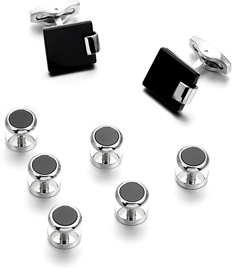 Simple Black Agate Tuxedo Cufflinks & Studs Set Basic Silver Formal Set YW40SET