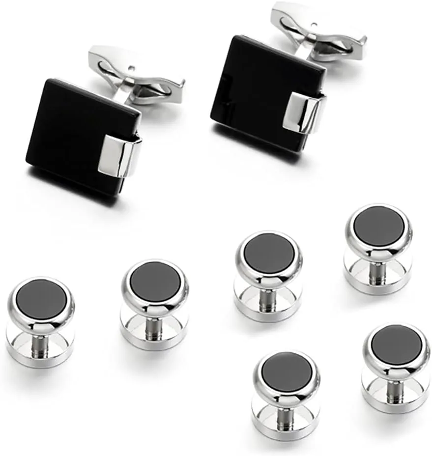 Simple Black Agate Tuxedo Cufflinks & Studs Set Basic Silver Formal Set YW40SET