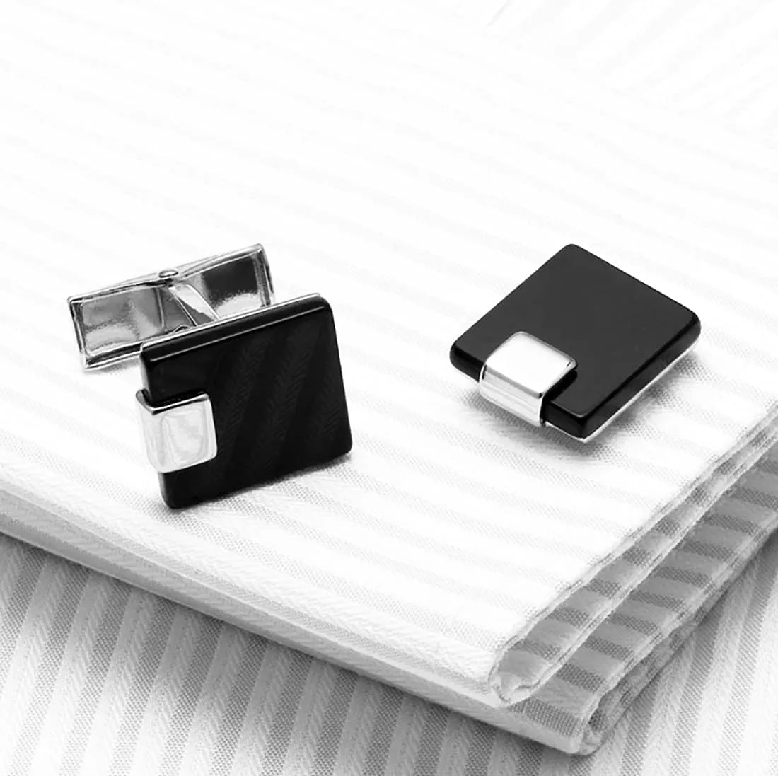 Simple Black Agate Tuxedo Cufflinks & Studs Set Basic Silver Formal Set YW40SET