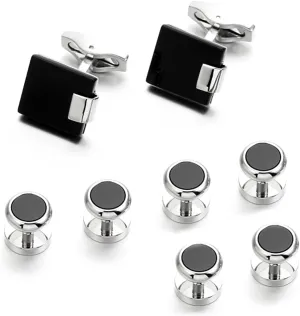 Simple Black Agate Tuxedo Cufflinks & Studs Set Basic Silver Formal Set YW40SET