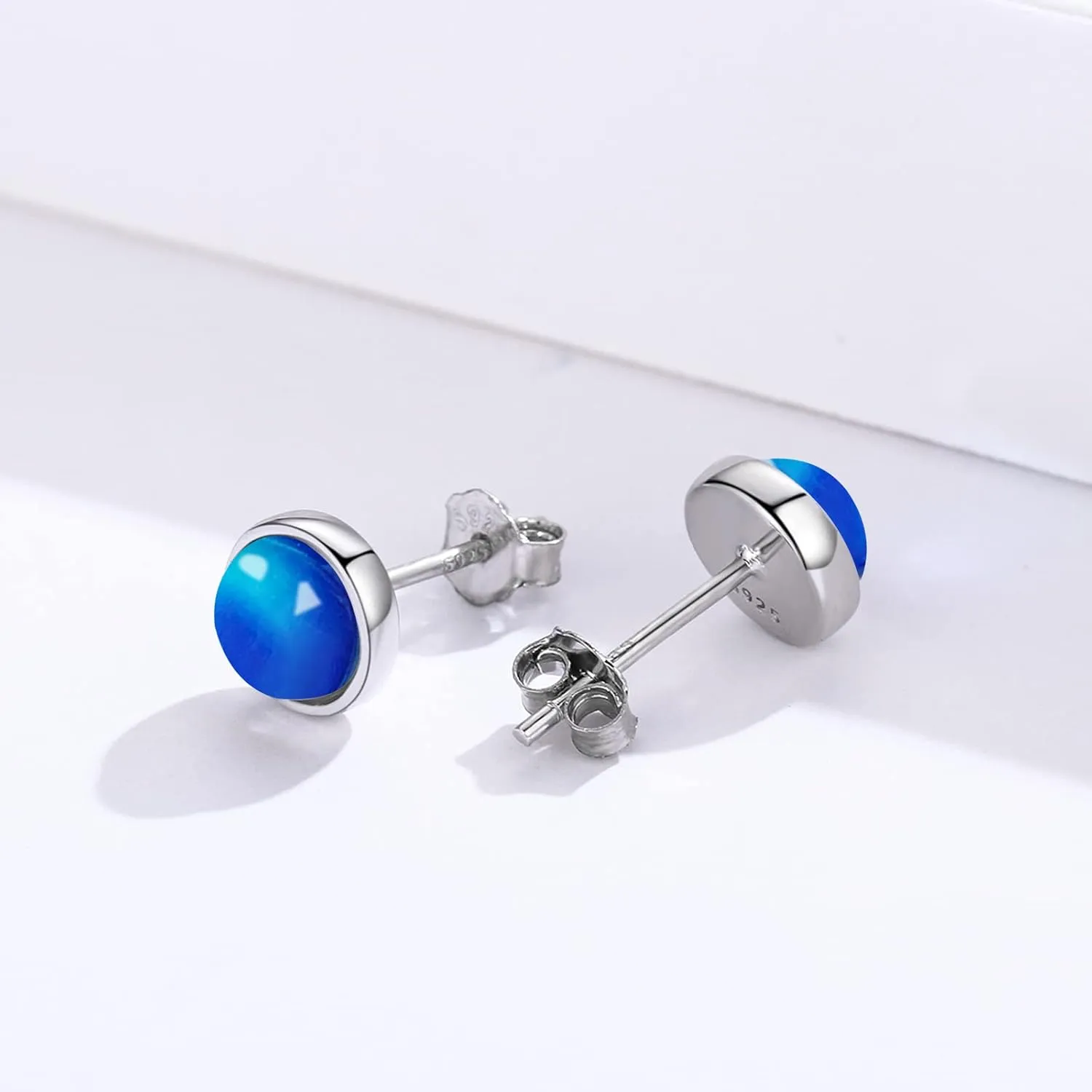 Simple Round Stud Earrings for Women 925 Sterling Silver Tiger Eye/Mood Stone/Pink Quartz/Amethyst/Moonstone Stud Earrings Minimalist Stud Hypoallergenic Earrings for Women 4/6/8mm