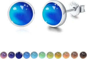 Simple Round Stud Earrings for Women 925 Sterling Silver Tiger Eye/Mood Stone/Pink Quartz/Amethyst/Moonstone Stud Earrings Minimalist Stud Hypoallergenic Earrings for Women 4/6/8mm