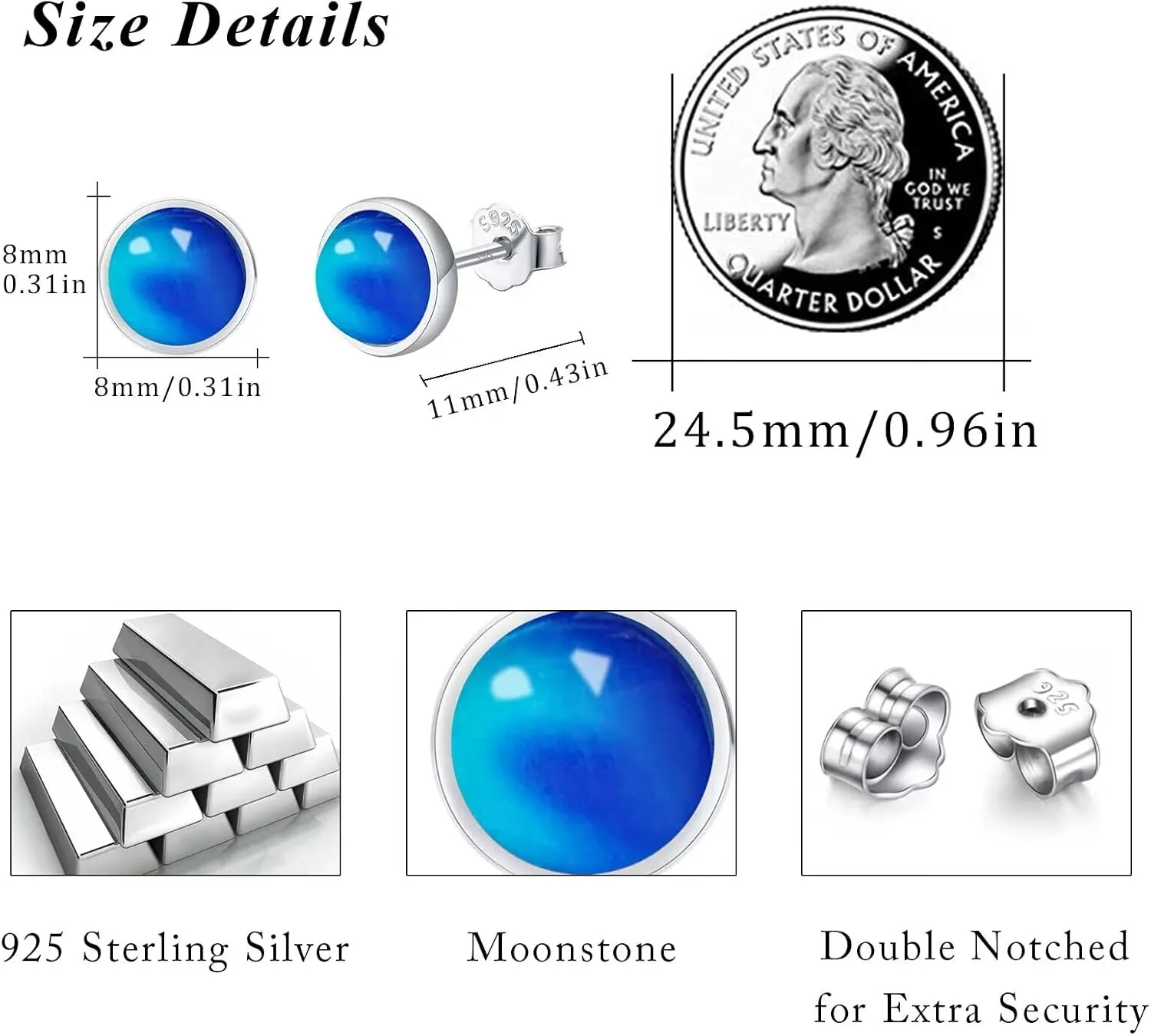Simple Round Stud Earrings for Women 925 Sterling Silver Tiger Eye/Mood Stone/Pink Quartz/Amethyst/Moonstone Stud Earrings Minimalist Stud Hypoallergenic Earrings for Women 4/6/8mm