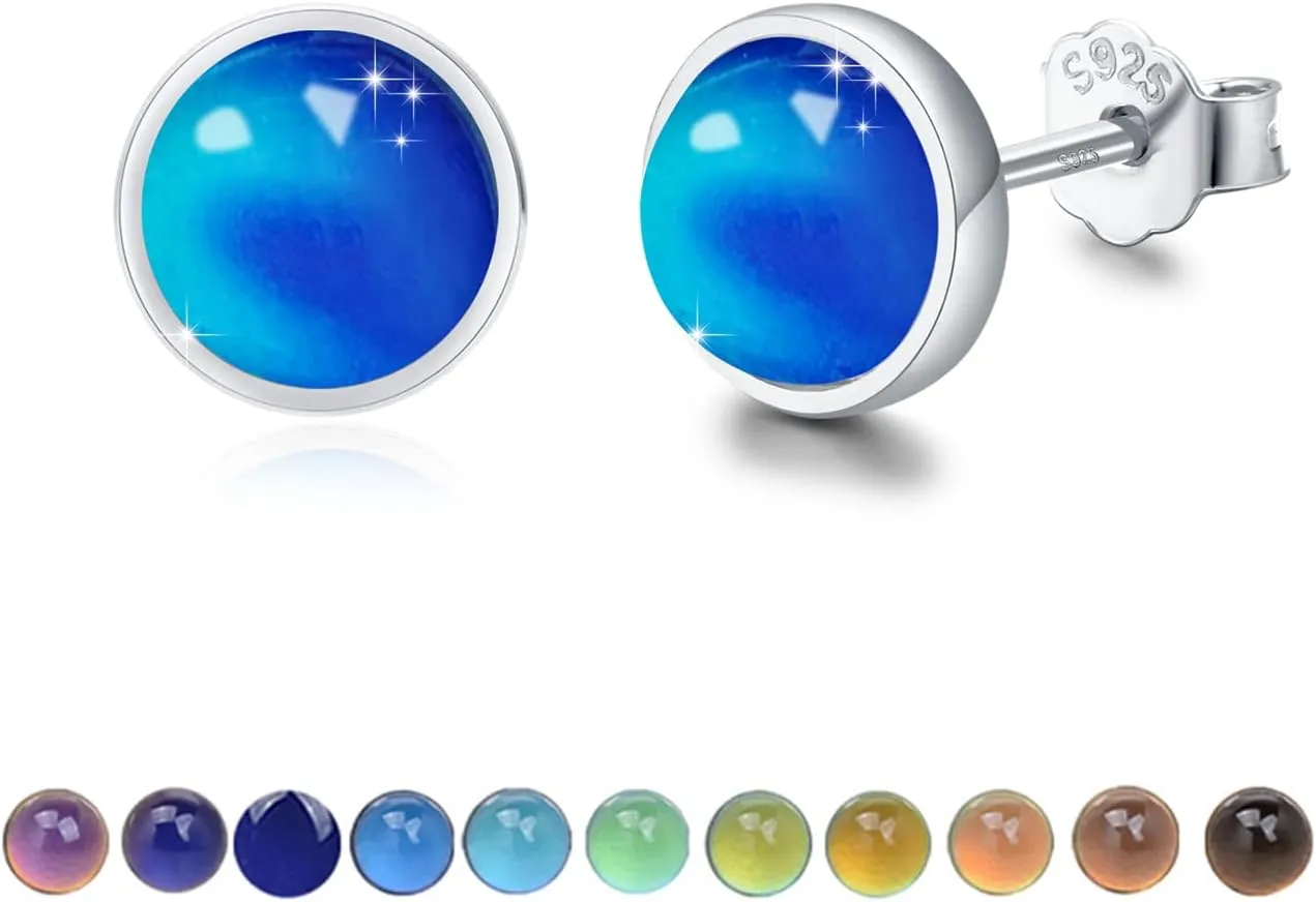 Simple Round Stud Earrings for Women 925 Sterling Silver Tiger Eye/Mood Stone/Pink Quartz/Amethyst/Moonstone Stud Earrings Minimalist Stud Hypoallergenic Earrings for Women 4/6/8mm