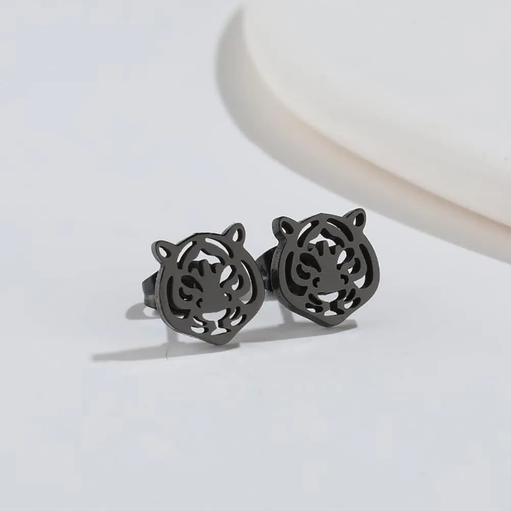 Simple Tiger Head Stud Earrings Stainless Steel for Women Teen Girls Hollow Animal Cartilage Pierced Hypoallergenic Studs Earring Cute Jewelry Gifts