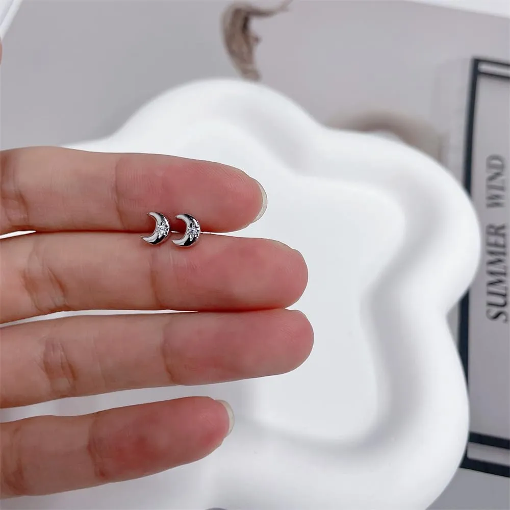 Simple Tiny Moon CZ Cartilage Small Stud Earrings for Women Dainty Cute Minimalist Sterling Silver Post Gold Plated Little Crescent Moon Tragus Studs Hypoallergenic Fashion Jewelry Birthday Gift