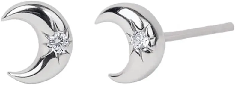 Simple Tiny Moon CZ Cartilage Small Stud Earrings for Women Dainty Cute Minimalist Sterling Silver Post Gold Plated Little Crescent Moon Tragus Studs Hypoallergenic Fashion Jewelry Birthday Gift