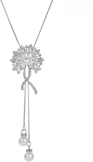 Sither Long Flower Crystal Necklace for Women Pearls Tassel Necklace Sweater Chain Y Necklace Wedding Dressy Necklace Jewelry for Winter Evening Party Christmas Gift (silver)