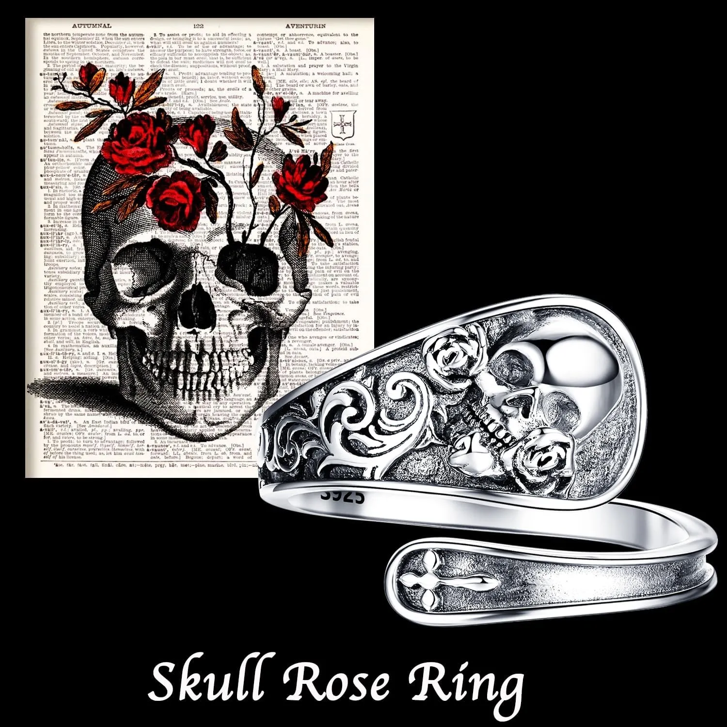 Skull Ring 925 Sterling Silver Spoon Rings Gothic Skulls Adjustable Rose Flower Statement Ring Vintage Victorian Jewelry for Women