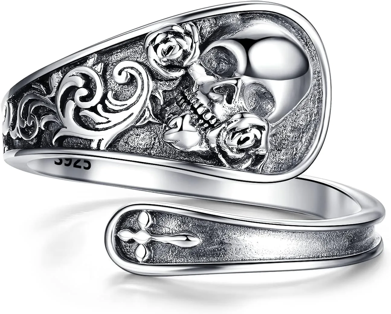 Skull Ring 925 Sterling Silver Spoon Rings Gothic Skulls Adjustable Rose Flower Statement Ring Vintage Victorian Jewelry for Women