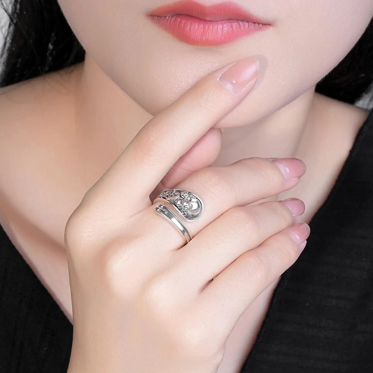 Skull Ring 925 Sterling Silver Spoon Rings Gothic Skulls Adjustable Rose Flower Statement Ring Vintage Victorian Jewelry for Women