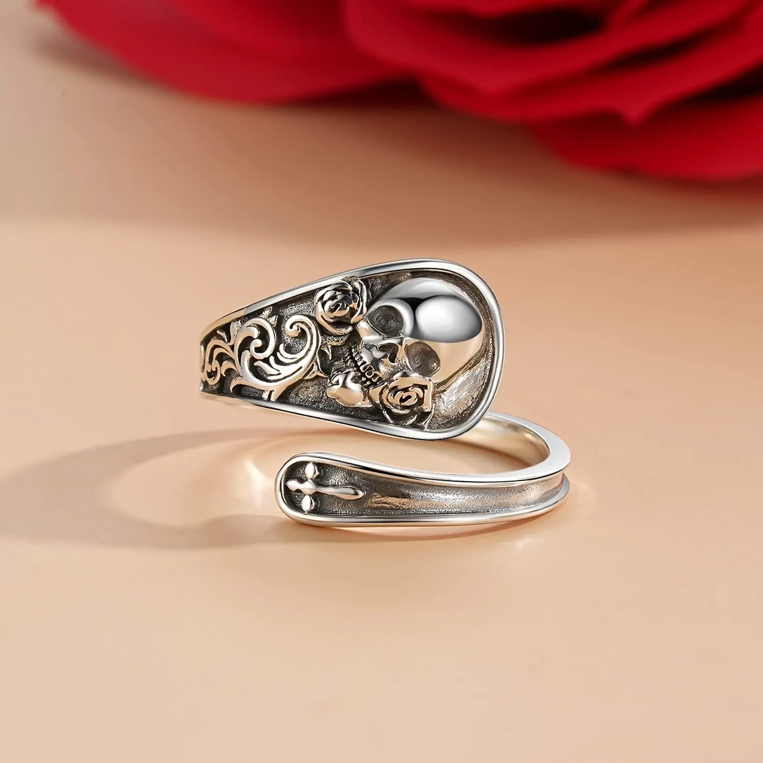 Skull Ring 925 Sterling Silver Spoon Rings Gothic Skulls Adjustable Rose Flower Statement Ring Vintage Victorian Jewelry for Women