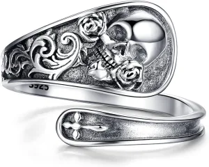 Skull Ring 925 Sterling Silver Spoon Rings Gothic Skulls Adjustable Rose Flower Statement Ring Vintage Victorian Jewelry for Women