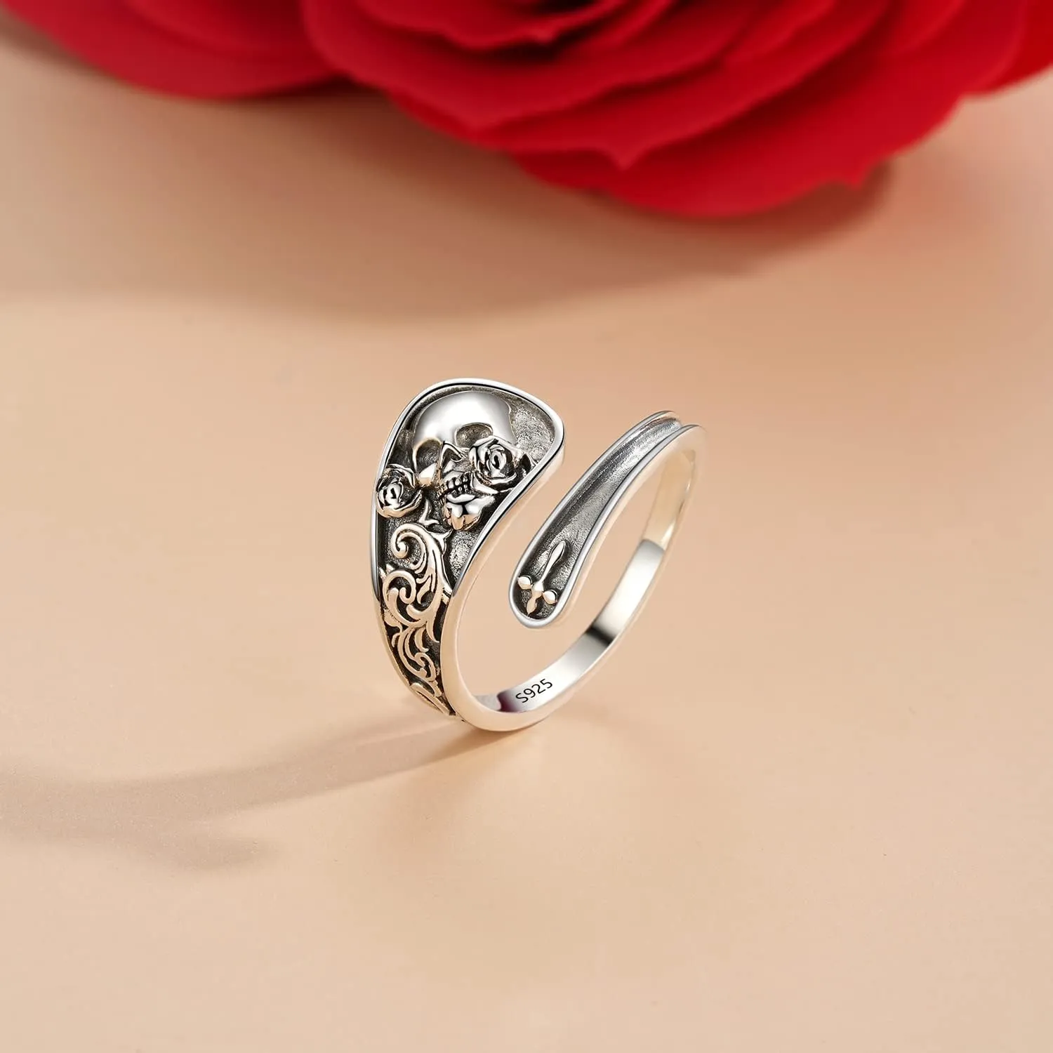 Skull Ring 925 Sterling Silver Spoon Rings Gothic Skulls Adjustable Rose Flower Statement Ring Vintage Victorian Jewelry for Women