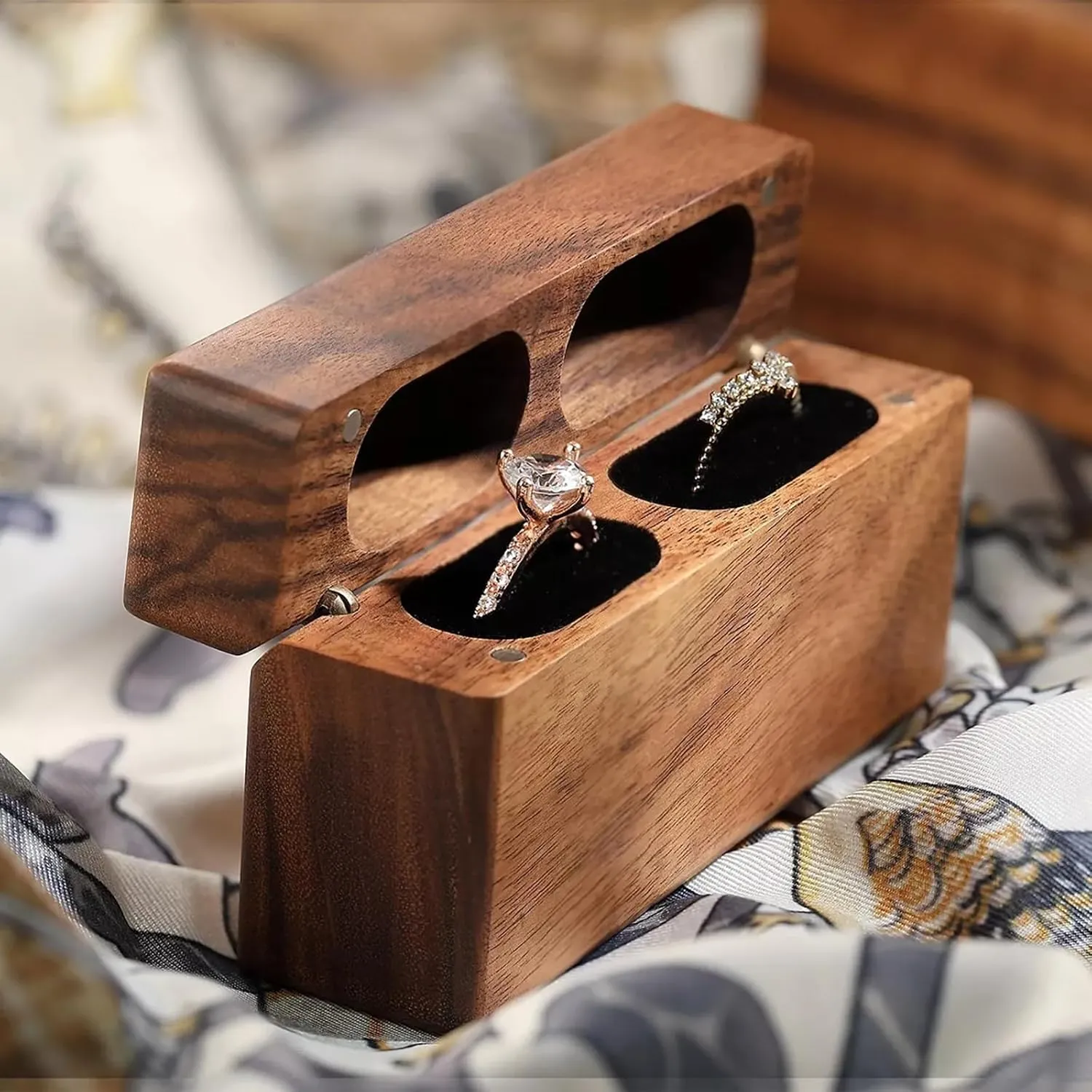 Slim wood double ring box 2 slot,Ring Bearer case Box for Wedding Ceremony Engagement Proposal Ring holder Box Anniversary Birthday Gift box(Lined with black velvet fabric