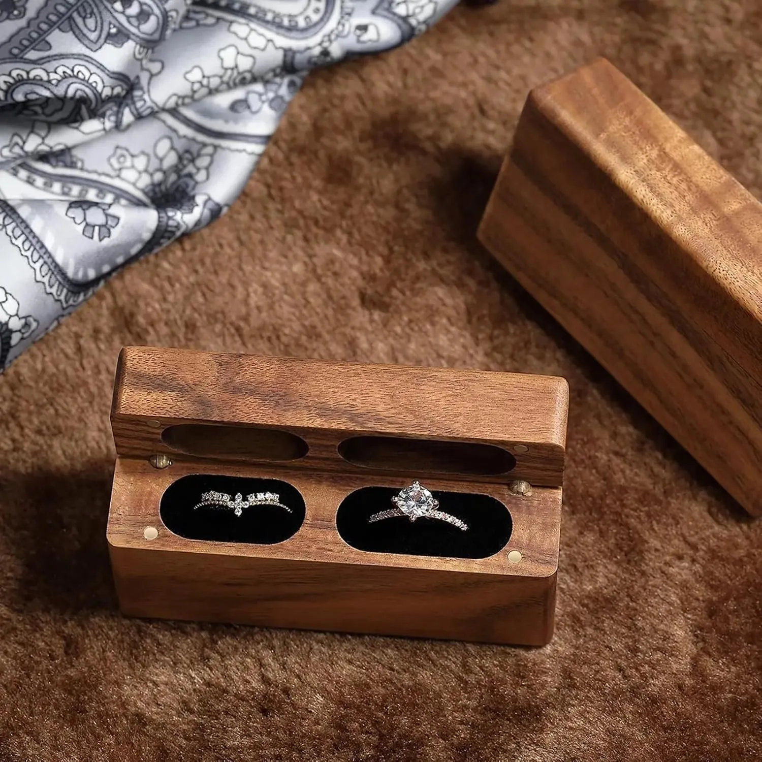 Slim wood double ring box 2 slot,Ring Bearer case Box for Wedding Ceremony Engagement Proposal Ring holder Box Anniversary Birthday Gift box(Lined with black velvet fabric