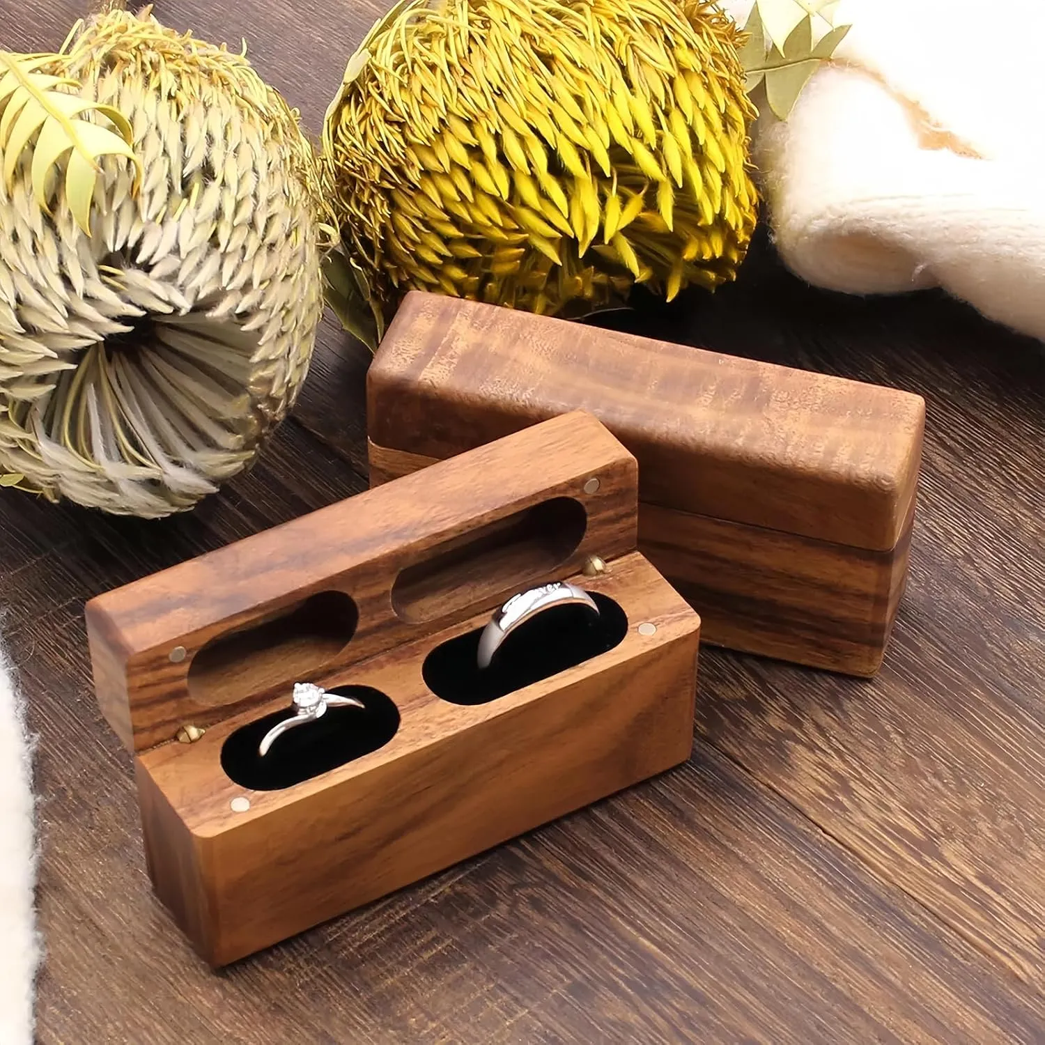 Slim wood double ring box 2 slot,Ring Bearer case Box for Wedding Ceremony Engagement Proposal Ring holder Box Anniversary Birthday Gift box(Lined with black velvet fabric