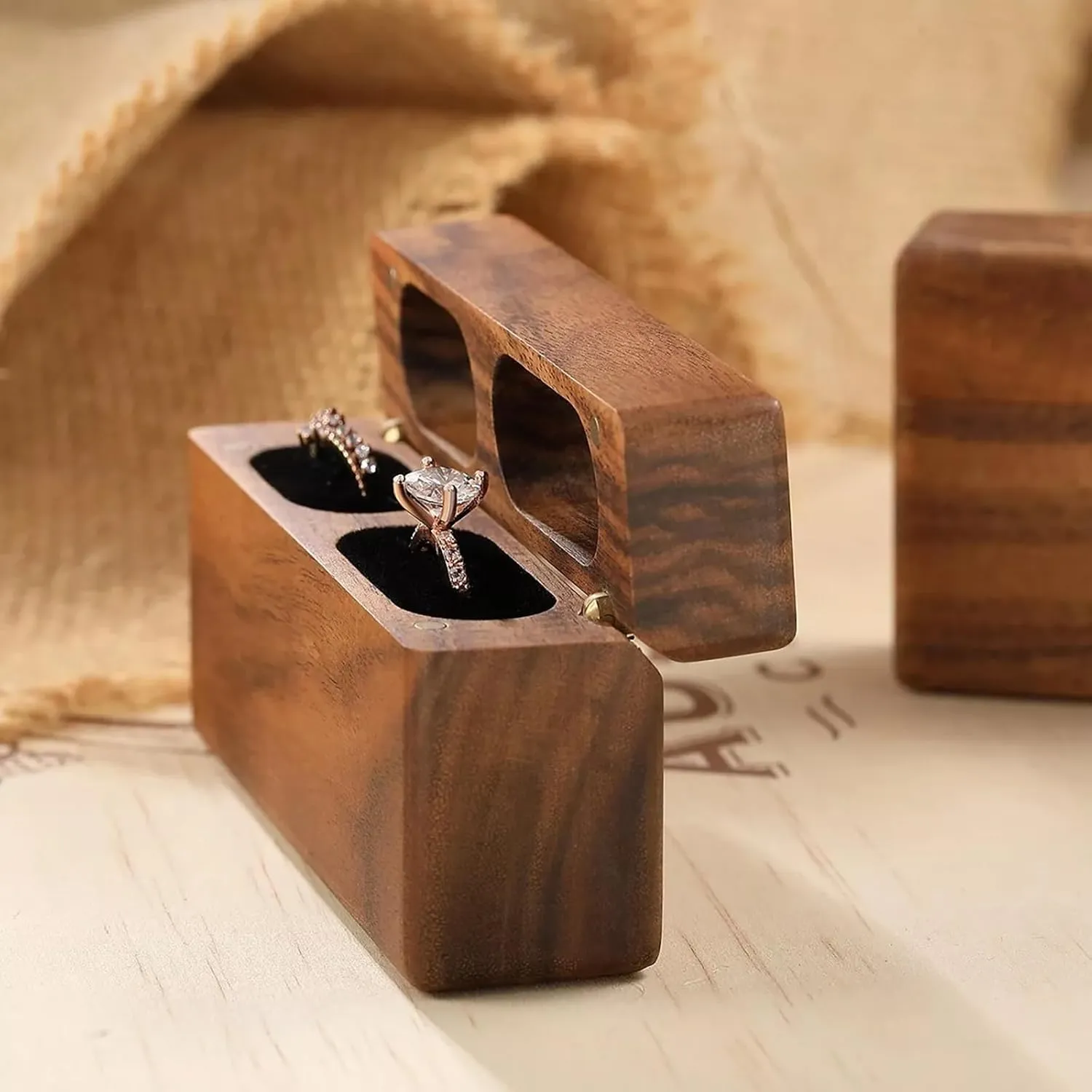 Slim wood double ring box 2 slot,Ring Bearer case Box for Wedding Ceremony Engagement Proposal Ring holder Box Anniversary Birthday Gift box(Lined with black velvet fabric