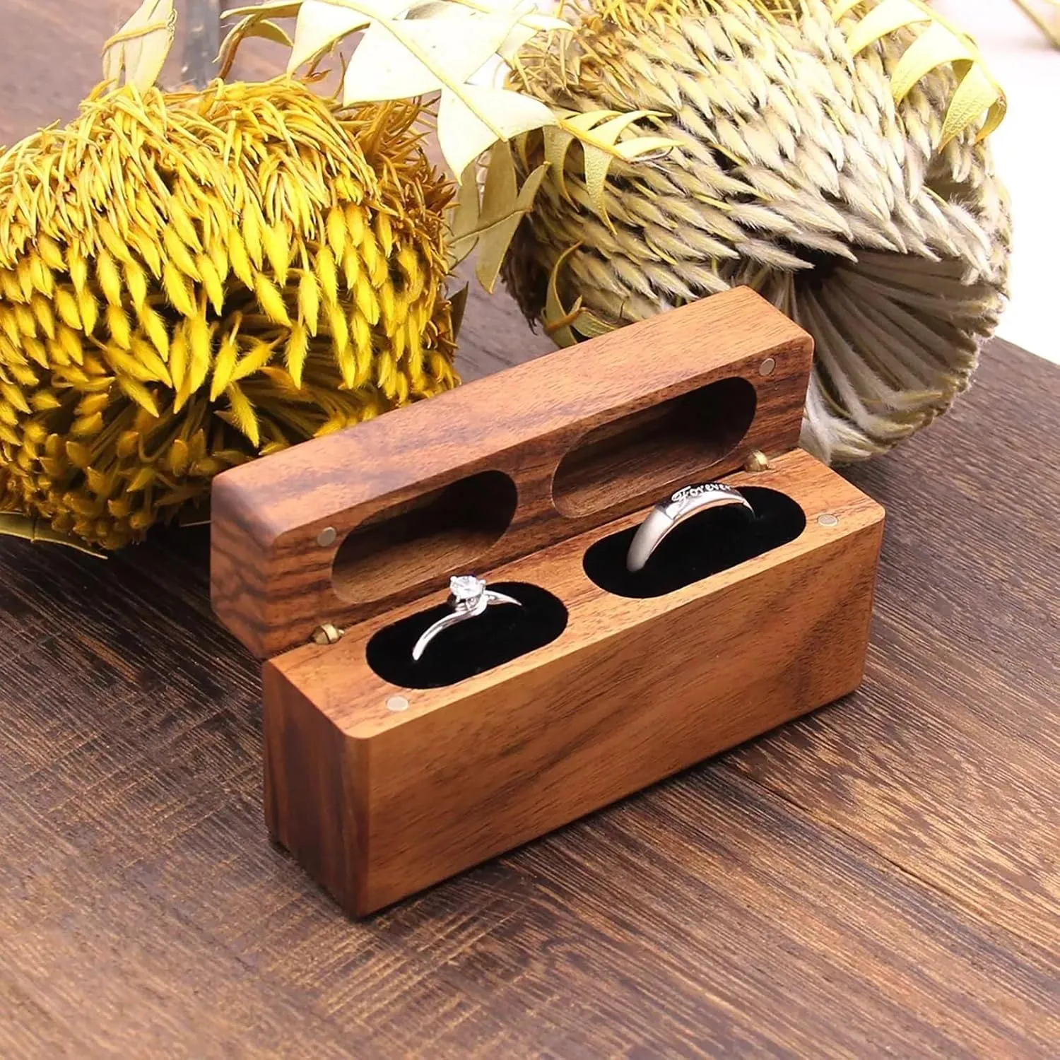 Slim wood double ring box 2 slot,Ring Bearer case Box for Wedding Ceremony Engagement Proposal Ring holder Box Anniversary Birthday Gift box(Lined with black velvet fabric