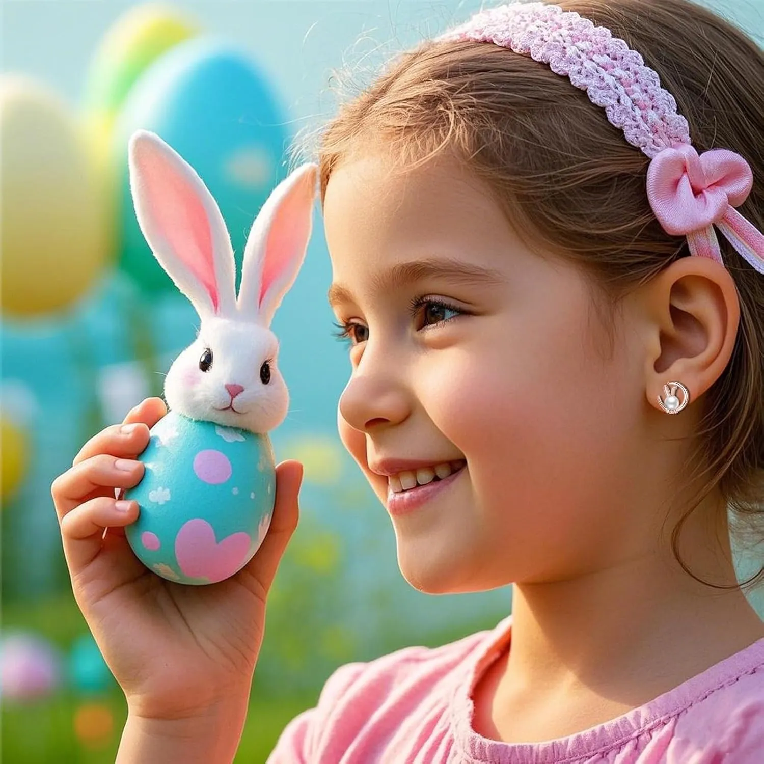 SLUYNZ 925 Sterling Silver Easter Rabbit Bunny Stud Earrings for Women Teens Pearl Moon Rabbit Earrings Studs