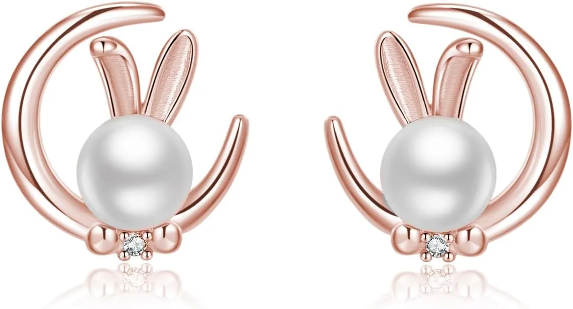 SLUYNZ 925 Sterling Silver Easter Rabbit Bunny Stud Earrings for Women Teens Pearl Moon Rabbit Earrings Studs