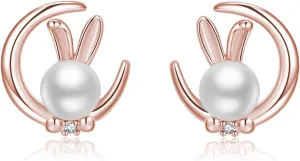 SLUYNZ 925 Sterling Silver Easter Rabbit Bunny Stud Earrings for Women Teens Pearl Moon Rabbit Earrings Studs