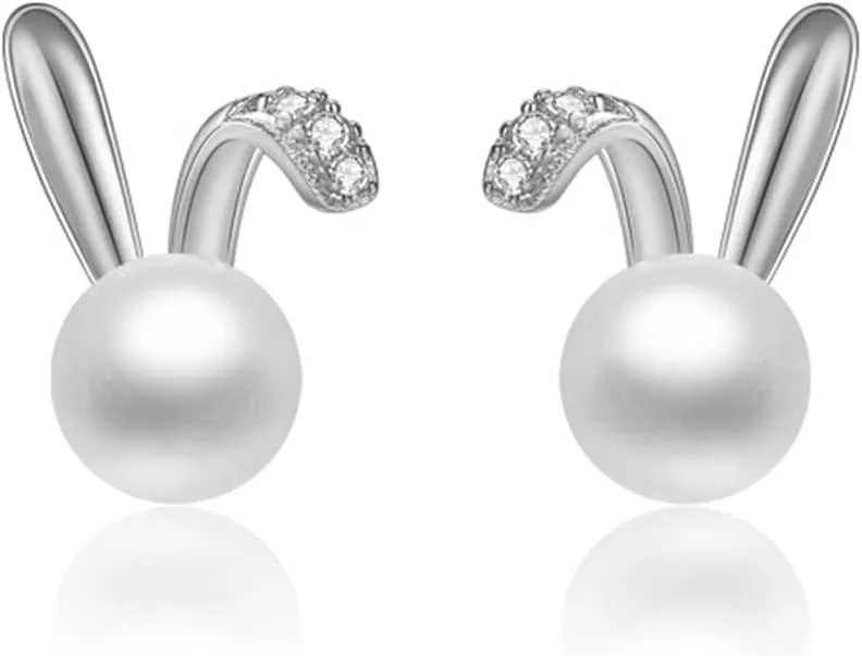 SLUYNZ 925 Sterling Silver Easter Rabbit Bunny Studs Earrings for Women Teen Girls Pearl Rabbit Earrings Studs