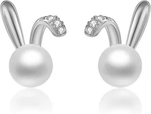 SLUYNZ 925 Sterling Silver Easter Rabbit Bunny Studs Earrings for Women Teen Girls Pearl Rabbit Earrings Studs