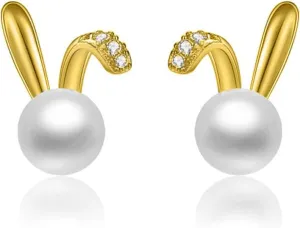 SLUYNZ 925 Sterling Silver Easter Rabbit Bunny Studs Earrings for Women Teen Girls Pearl Rabbit Earrings Studs