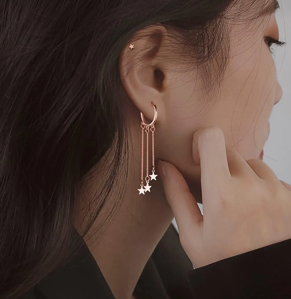 SLUYNZ 925 Sterling Silver Star Hoop Earrings for Women Star Dangle Earrings Hoop Tassel