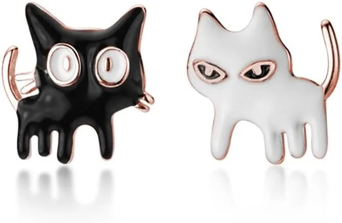 SLUYNZ Sterling Silver Cat Earrings Studs for Women Teen Girls Black White Cat Studs Earrings Cute Animal Earrings