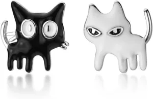 SLUYNZ Sterling Silver Cat Earrings Studs for Women Teen Girls Black White Cat Studs Earrings Cute Animal Earrings