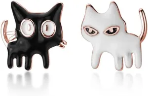 SLUYNZ Sterling Silver Cat Earrings Studs for Women Teen Girls Black White Cat Studs Earrings Cute Animal Earrings
