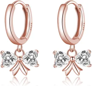 SLUYNZ Sterling Silver CZ Bow Hoop Earrings for Women Teens Love Bow Hoop Earrings Huggie Valentines Day Earrings