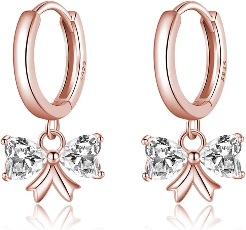 SLUYNZ Sterling Silver CZ Bow Hoop Earrings for Women Teens Love Bow Hoop Earrings Huggie Valentines Day Earrings
