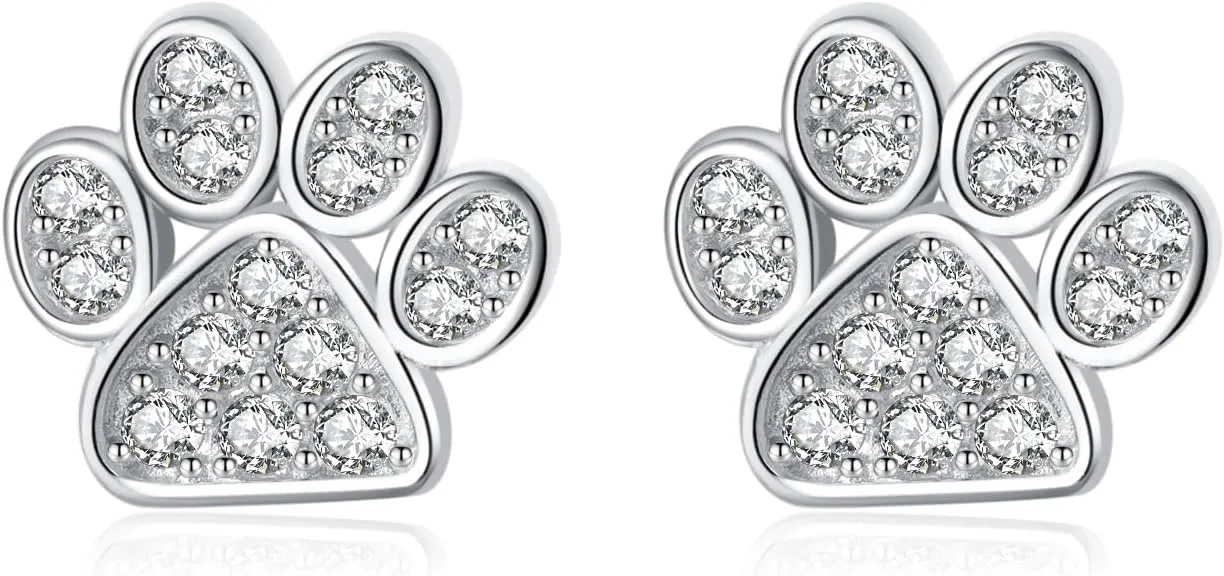 SLUYNZ Sterling Silver Dog Cat Paw Earrings Studs for Women Teens CZ Small Print Earrings Cute Paw Earrings Stud