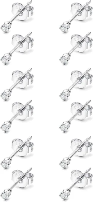 Small Earrings For Women White Gold Plated 925 Sterling Silver Stud Earrings Simple Cartilage Jewelry Birthday Christmas Gift 6Pairs Tiny CZ Stud Earrings Set