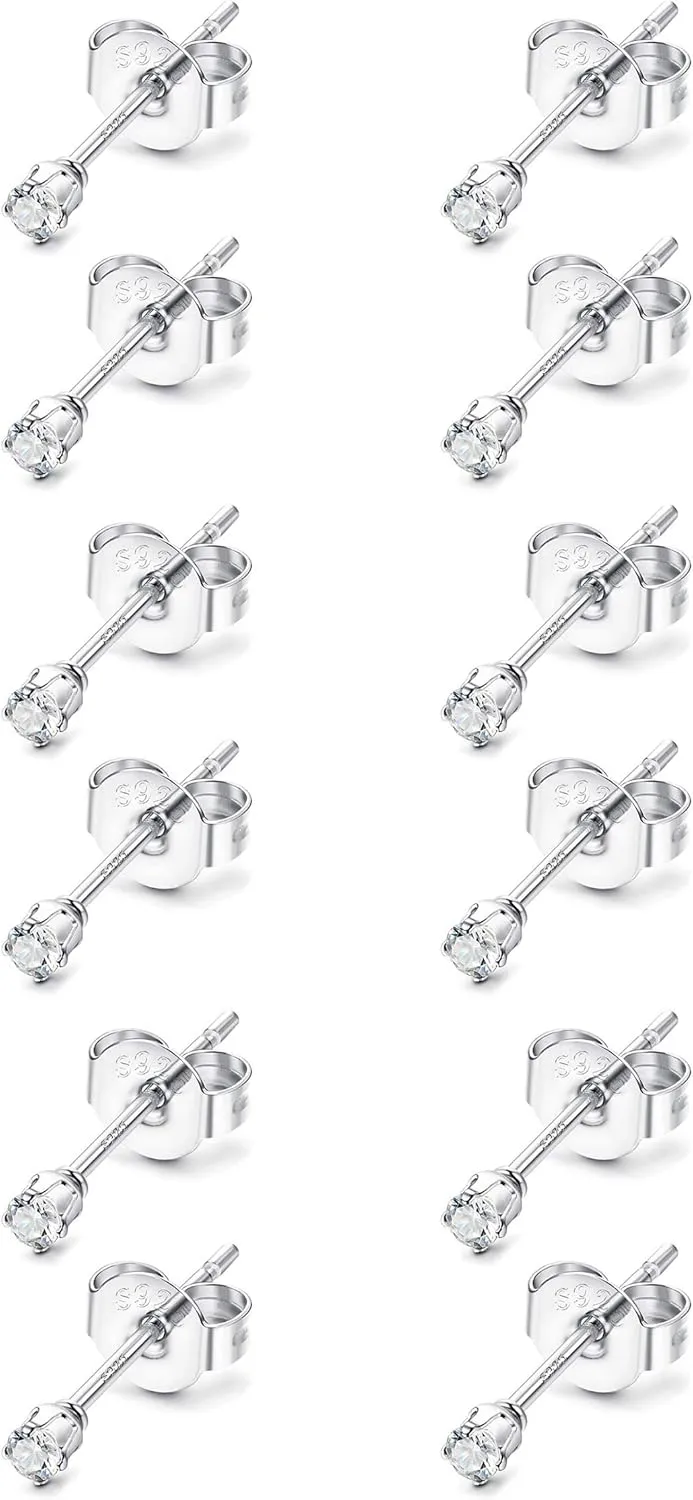Small Earrings For Women White Gold Plated 925 Sterling Silver Stud Earrings Simple Cartilage Jewelry Birthday Christmas Gift 6Pairs Tiny CZ Stud Earrings Set