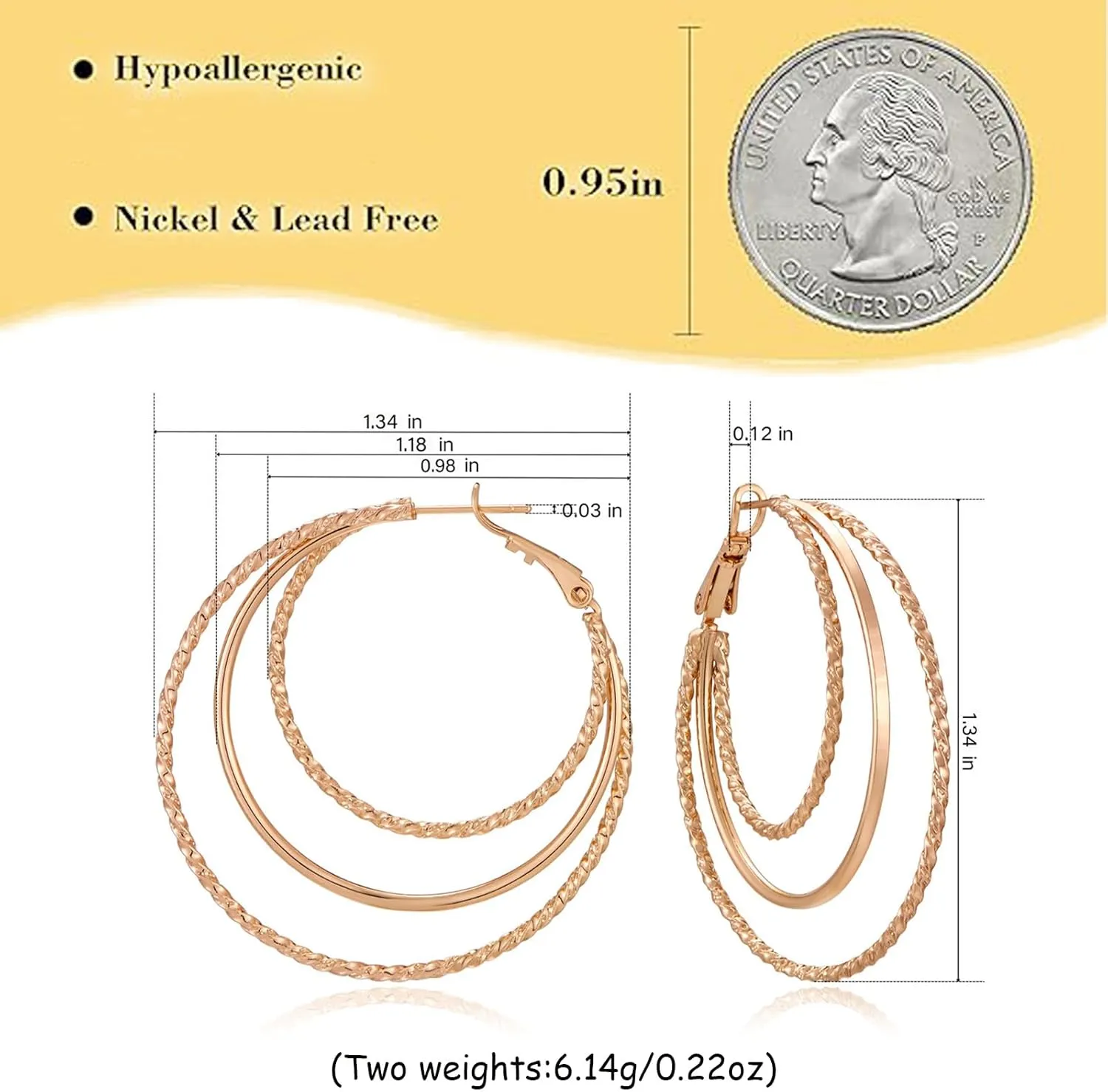 Smooth and Textured Wire Gold Plated Hoop Earrings for Women Lightweight Hypoallergenic Thin Big Triple Hoop Earrings for Women