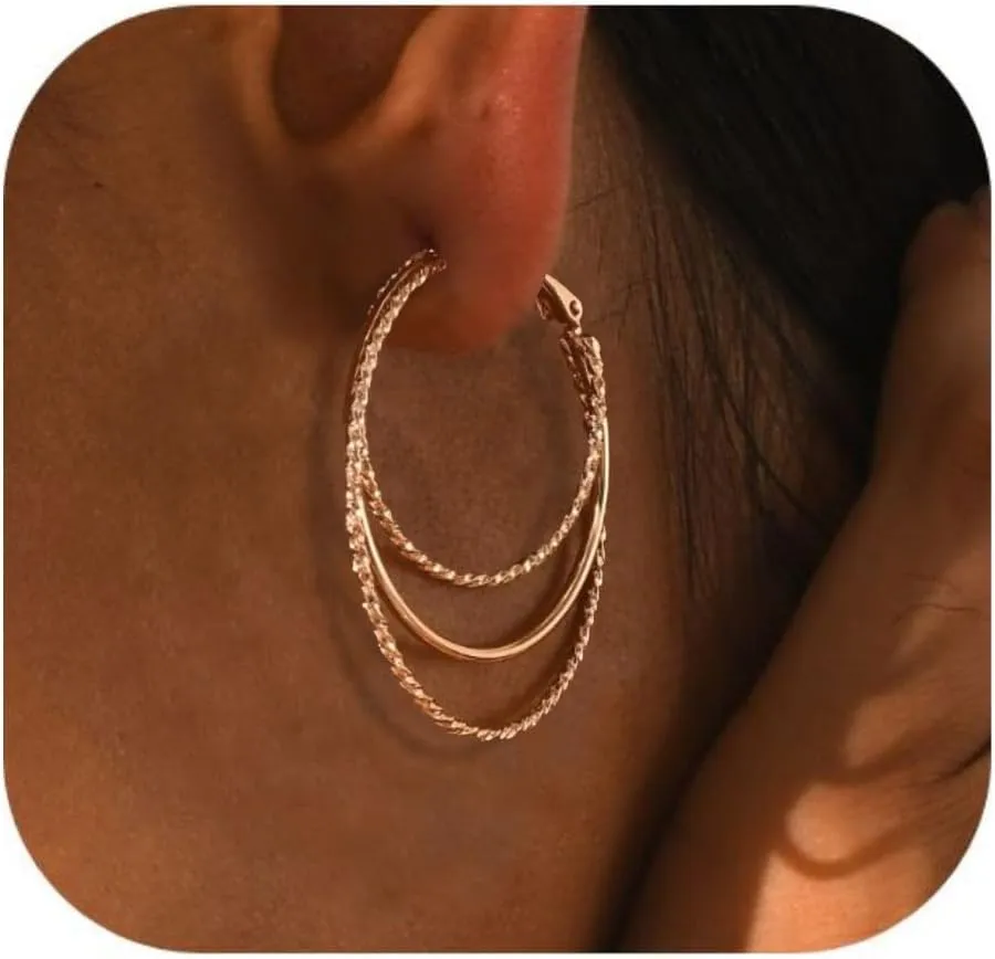 Smooth and Textured Wire Gold Plated Hoop Earrings for Women Lightweight Hypoallergenic Thin Big Triple Hoop Earrings for Women