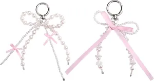 SMUOBT 2Pcs Cute Keychain for Women, Pearl Bow Charms Aesthetic Key Chains for Car Keys