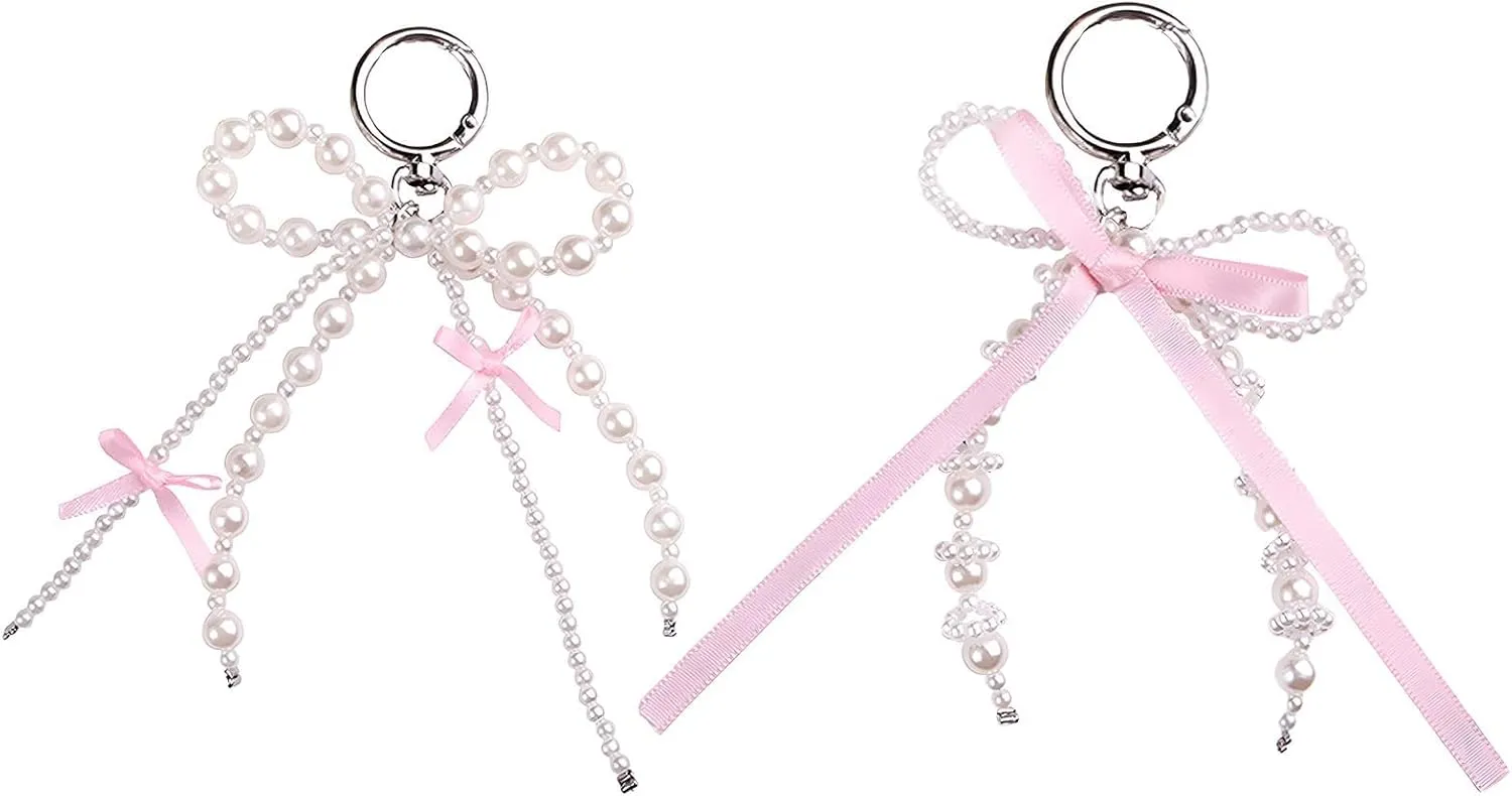SMUOBT 2Pcs Cute Keychain for Women, Pearl Bow Charms Aesthetic Key Chains for Car Keys