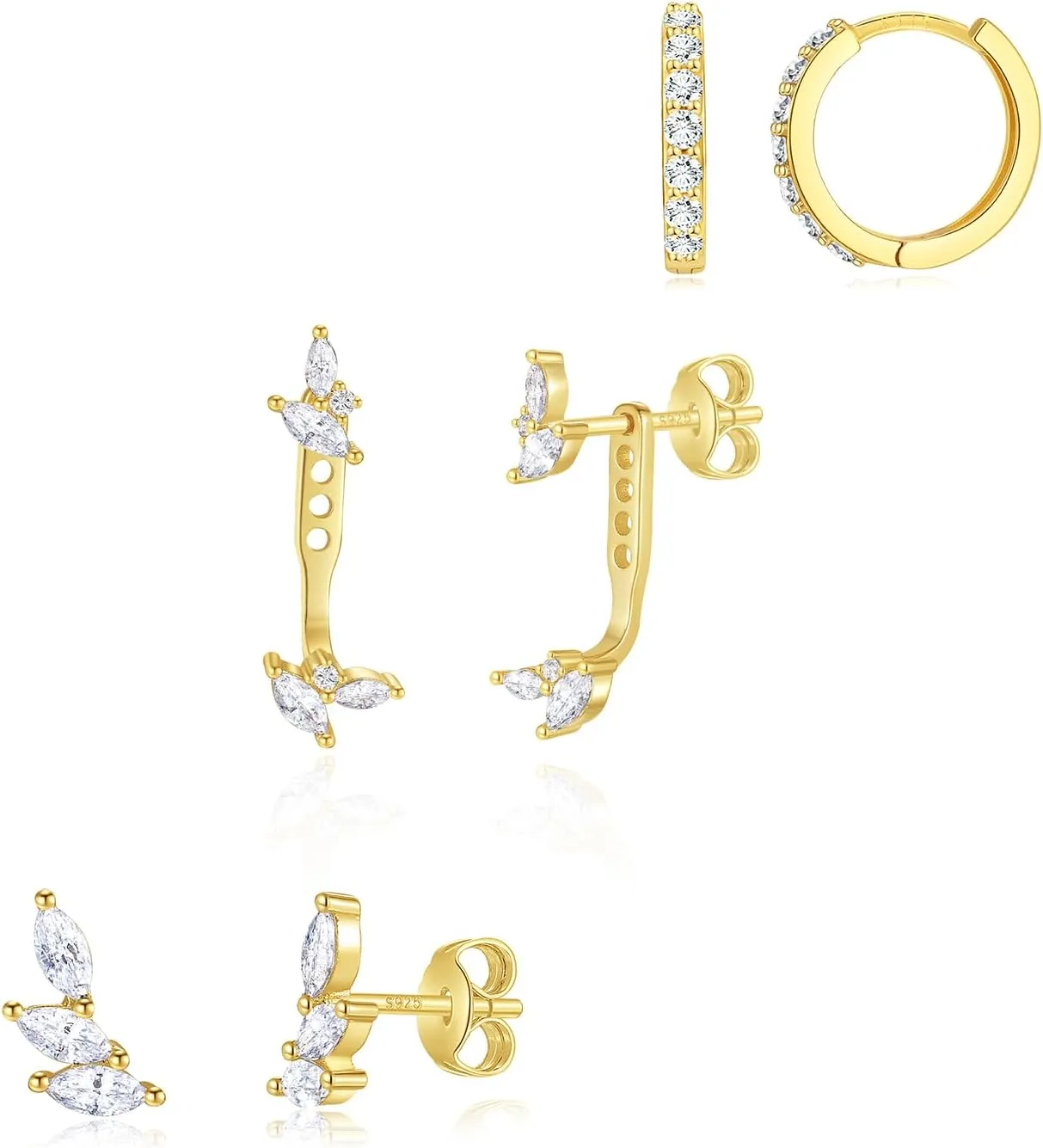 SNZM S925 Earrings Set for Women, S925 Sterling Silver Dainty Huggie Hoop Earrings, 3 Pairs Hypoallergenic Earrings Trendy Small Gold Earring Stacks Multiple Piercing,Start Earrings Set