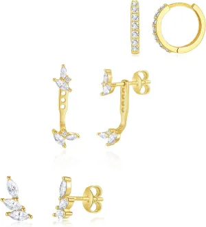 SNZM S925 Earrings Set for Women, S925 Sterling Silver Dainty Huggie Hoop Earrings, 3 Pairs Hypoallergenic Earrings Trendy Small Gold Earring Stacks Multiple Piercing,Start Earrings Set